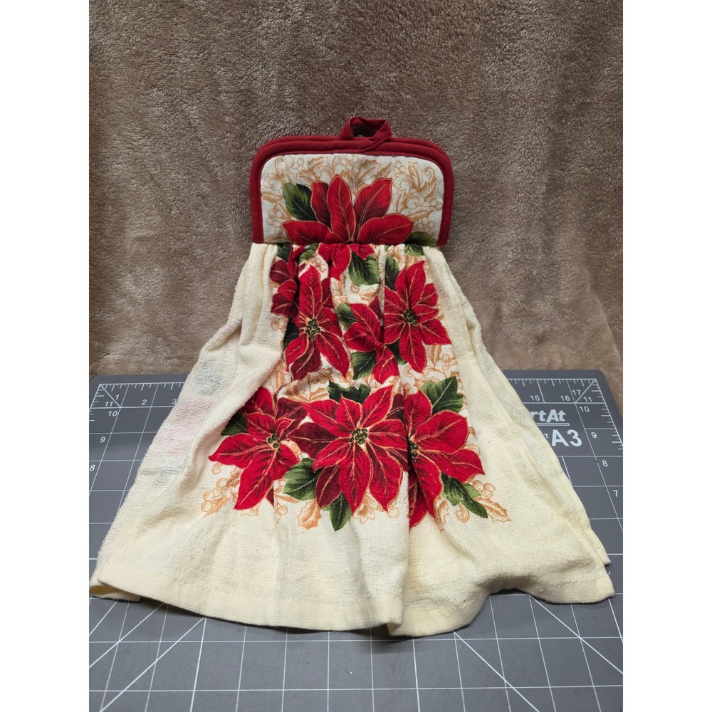 Handmade Christmas Poinsettia Hanging Kitchen Towel Pot Holder Topper Red Cream